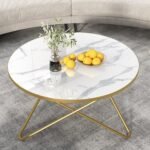 Dream Arts Mid-Century Modern Round Gold Coffee Table with White Marbled Finish Waterproof Tabletops and Metal Frame, Center Table for Living Room (Gold White)